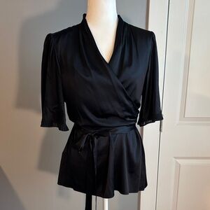 BCBGMaxAzria Black Stretch Silk Satin Wrap Blouse